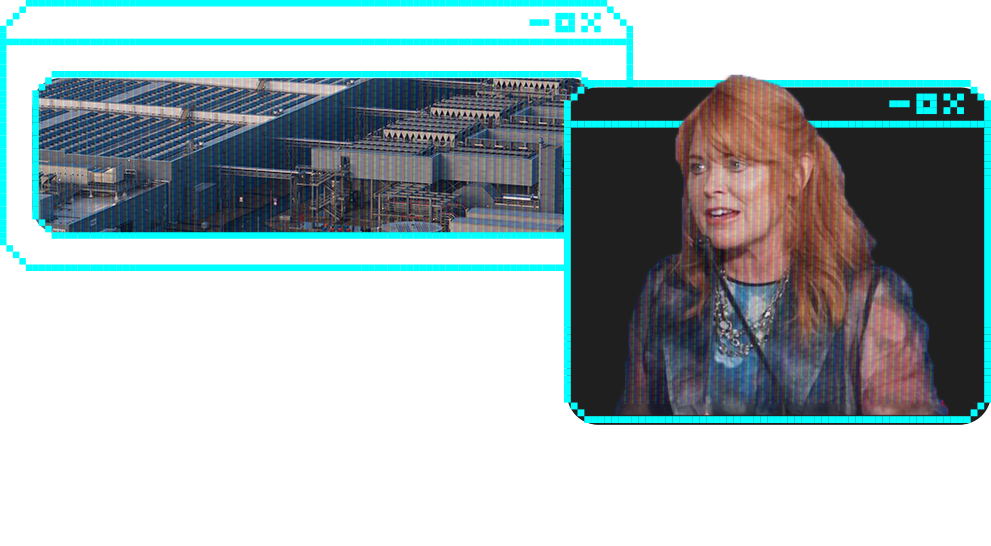 Data-center facility alongside a photo of Stacy Garrity